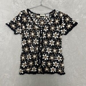 Vintage Black Crochet Floral Button-Up Open Knit Short Sleeve Sweater Large
